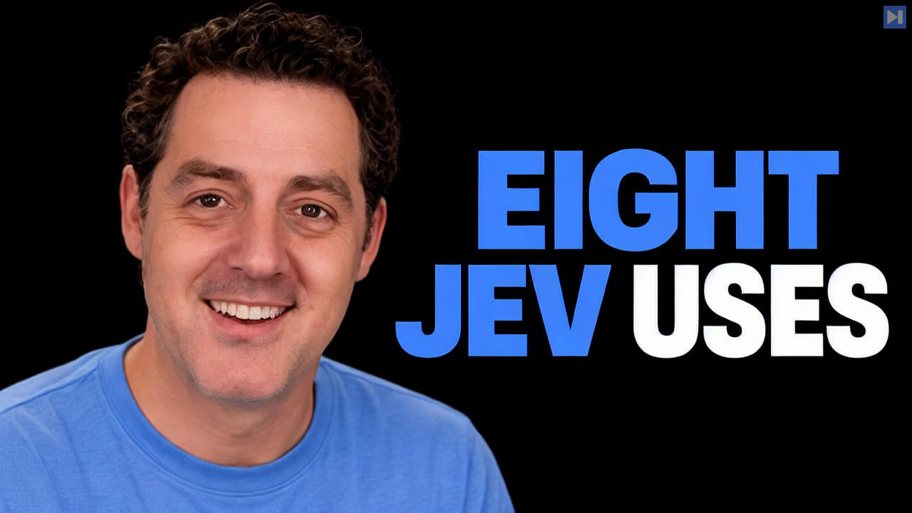 Matthew Berman in a blue top beside the blue-and-white headline “EIGHT JEV USES” on black.
