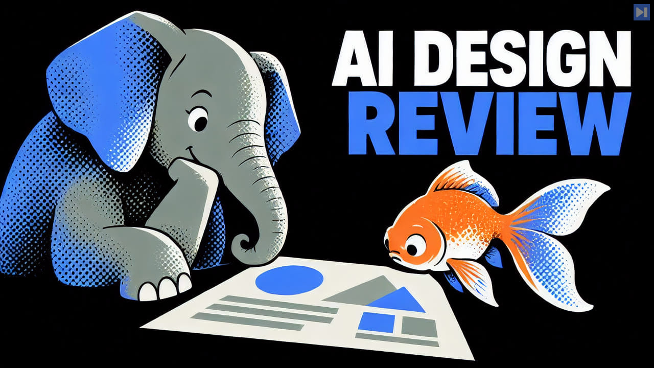A flat illustration shows an elephant and goldfish looking at a design sheet beside the headline AI DESIGN REVIEW.
