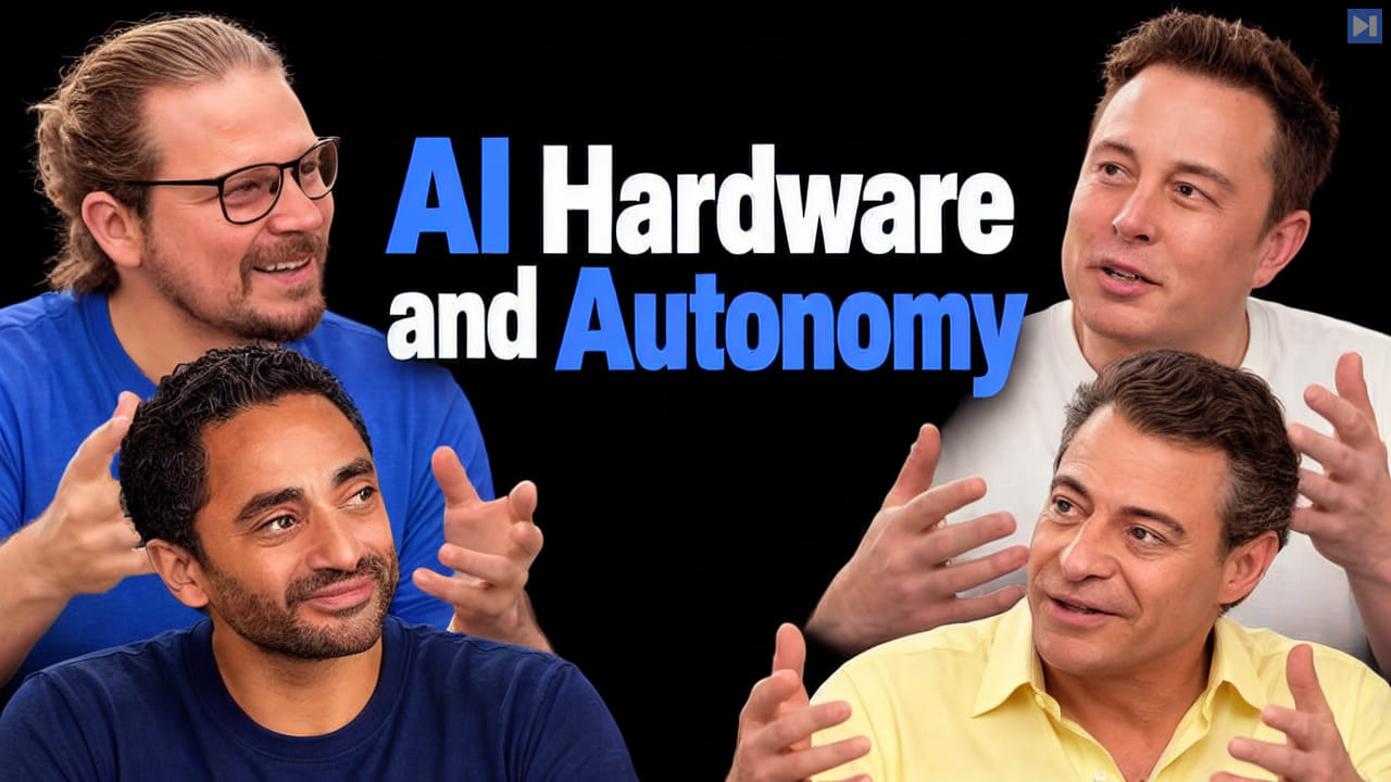 David Carbutt, Elon Musk, Chamath Palihapitiya, Peter H. Diamandis against a black background beside the blue and white headline "AI Hardware and Autonomy".
