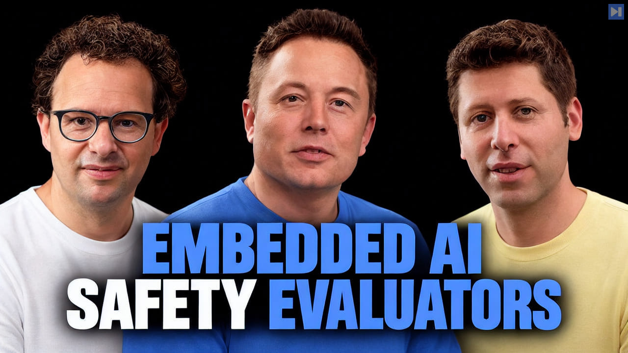 Dario Amodei with Elon Musk and Sam Altman beside the headline EMBEDDED AI SAFETY EVALUATORS on a pure black background.
