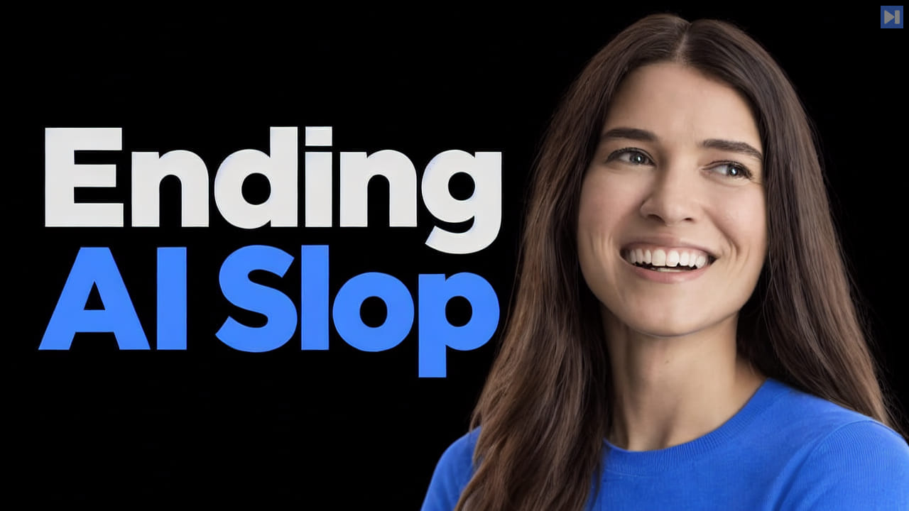 Thais Castello Branco smiling in a blue top beside the off-white and blue headline “Ending AI Slop” on black.
