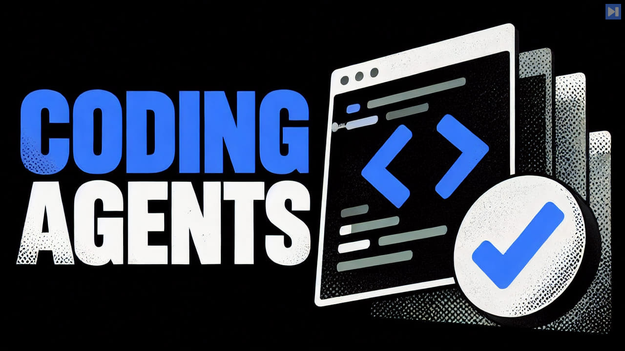 Flat code brackets and a check mark beside the words CODING AGENTS on black.