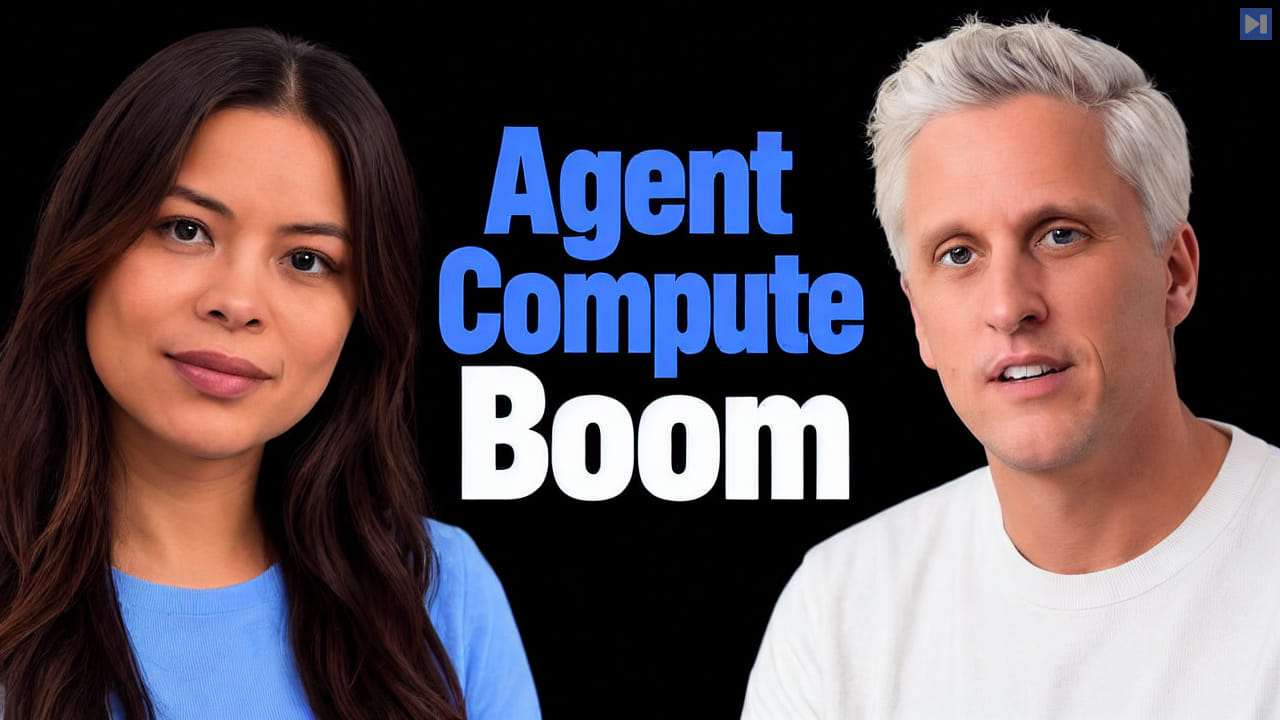 Sophia Dew and Aaron Levie flank the large blue Agent Compute and white Boom headline against black.