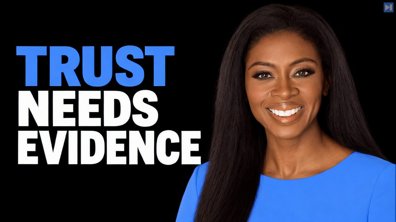 Michele Grant in a blue top beside the blue-and-white headline “TRUST NEEDS EVIDENCE” against a black background.