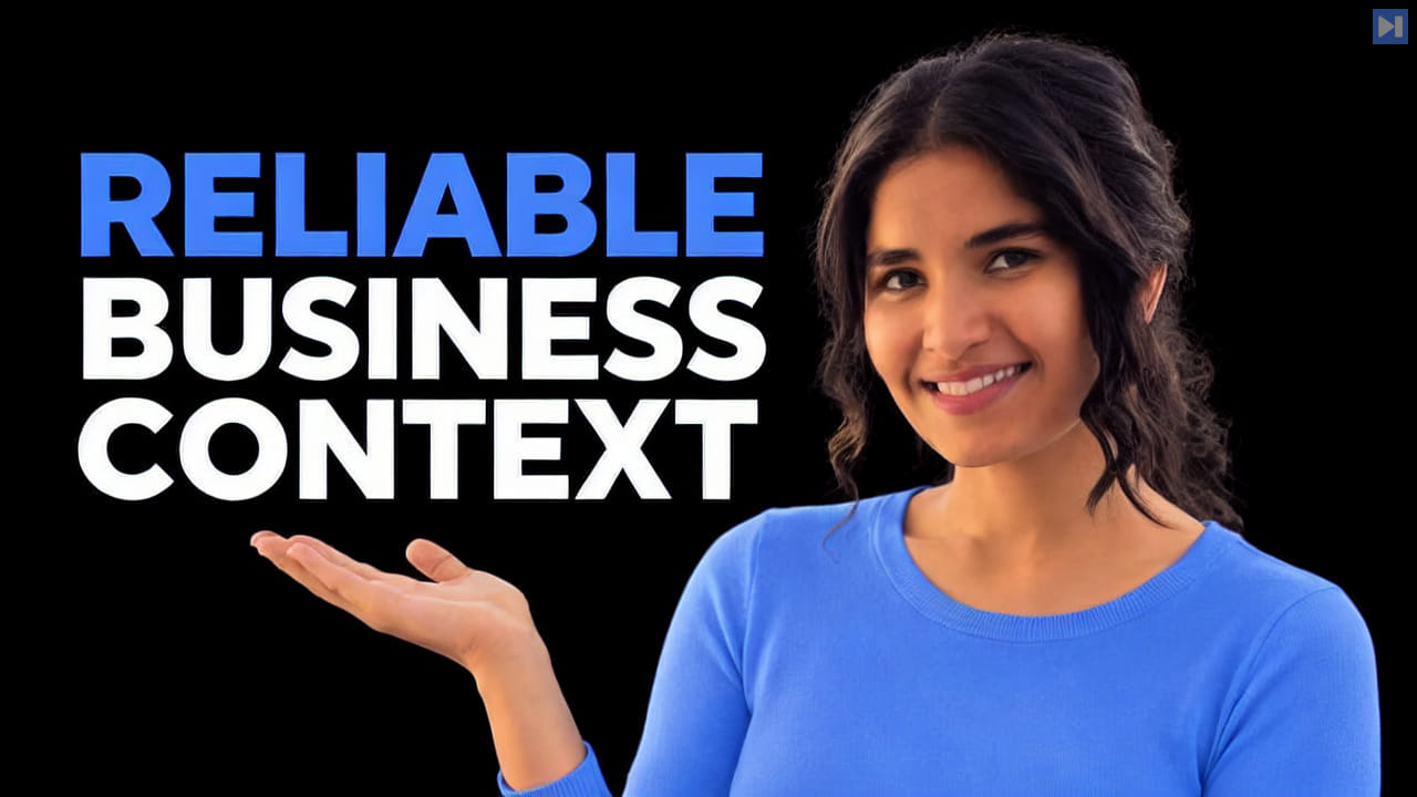 Portrait of Ishita Daga beside the blue-and-white headline "RELIABLE BUSINESS CONTEXT" on a black background.