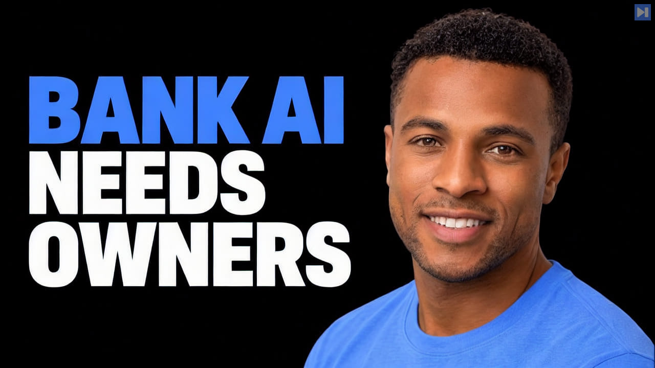 Paden Gayle in a blue top beside the blue-and-white headline “BANK AI NEEDS OWNERS” against a black background.