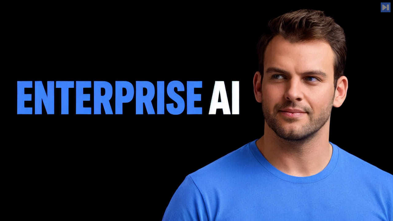 Nathaniel Whittemore in blue looks toward the blue and white "ENTERPRISE AI" headline against black.