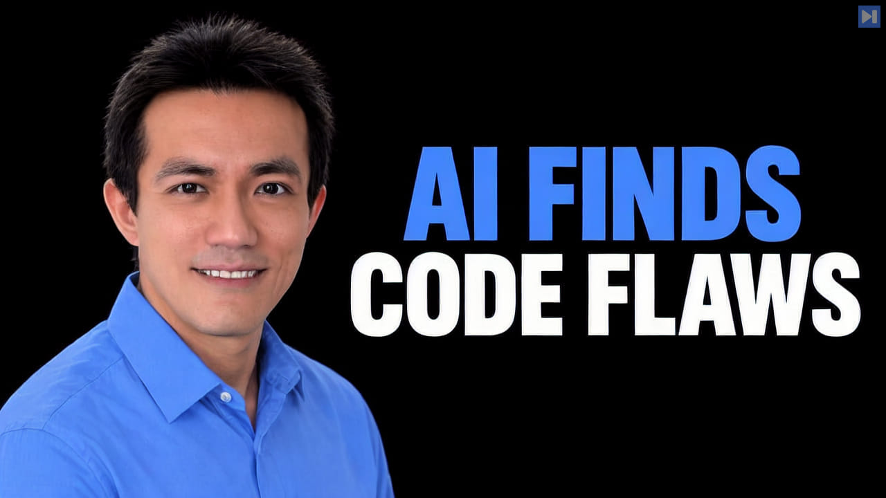 Eugene Yan in a blue shirt beside the blue and white headline “AI FINDS CODE FLAWS” on a black background.