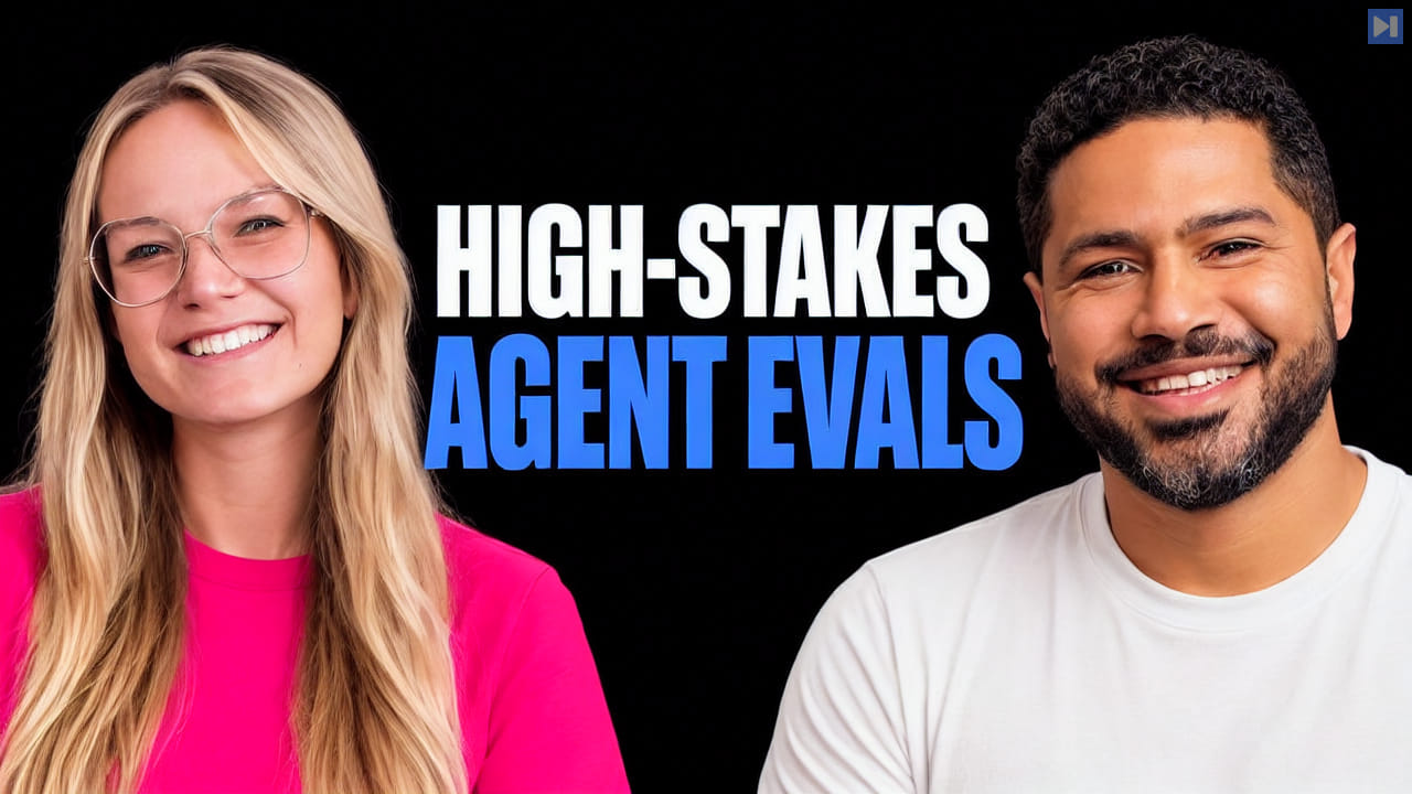 Annabell Schäfer, Doneyli De Jesus against a black background beside the white and blue headline 'HIGH-STAKES AGENT EVALS'.