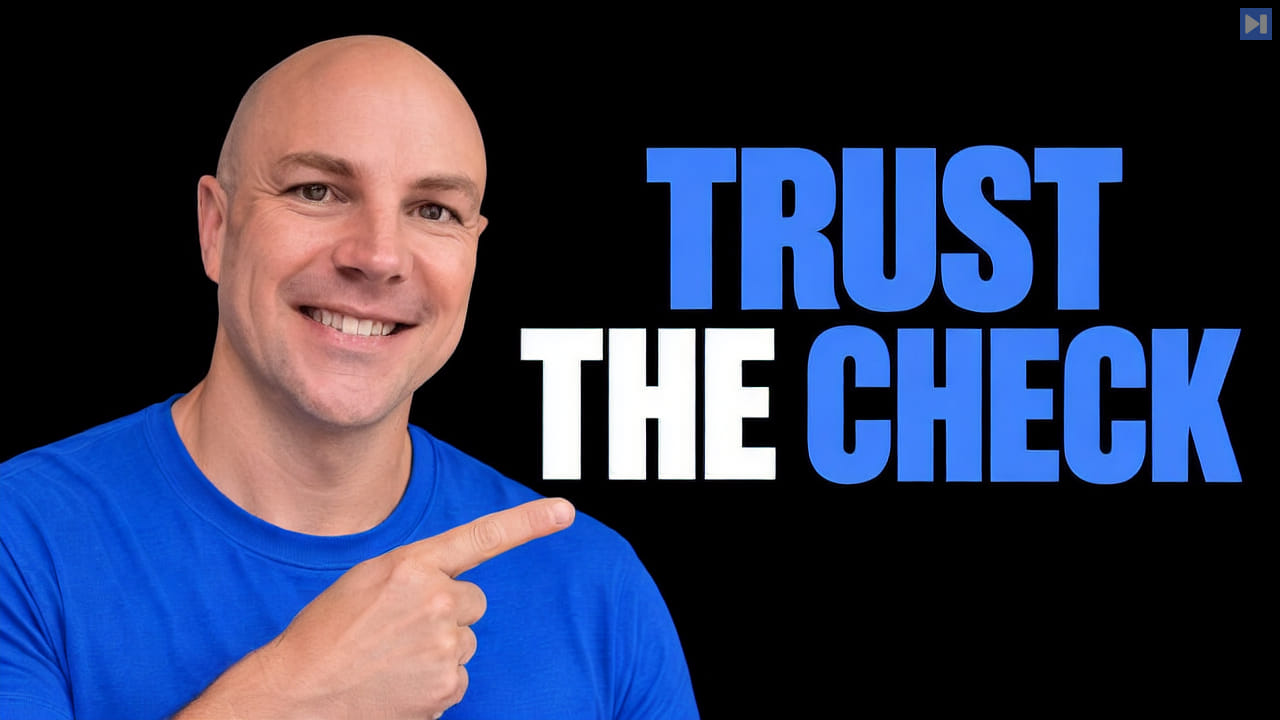 Evan Kormos against a black background with the blue-and-white headline "TRUST THE CHECK".