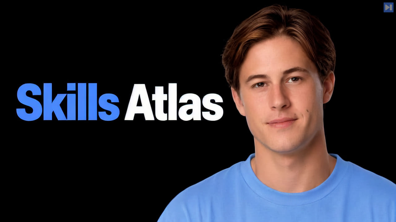 Remy Gaskell in a light-blue top on the right beside the blue and white Skills Atlas headline on black.