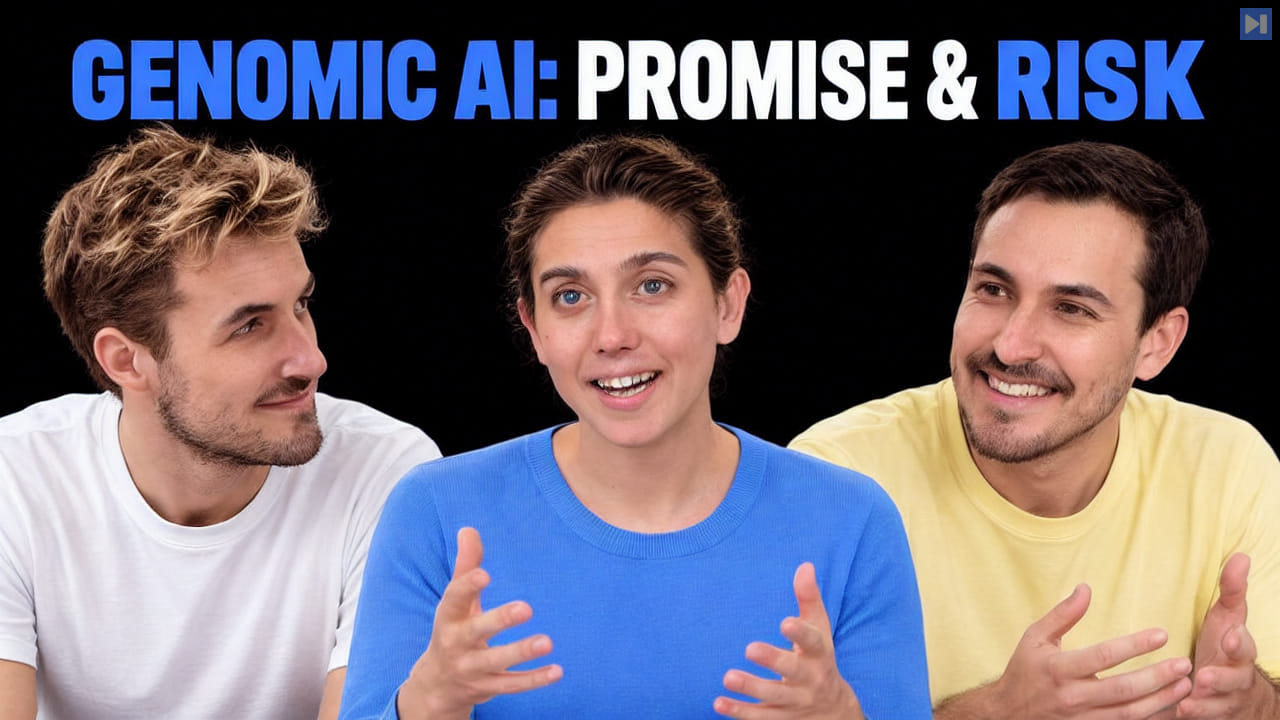 Pierce Freeman, Richard Diehl Martinez, Sophia Kivelson against black with the blue and white headline "GENOMIC AI: PROMISE & RISK".