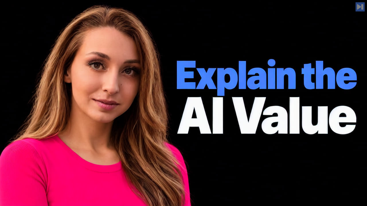 Principal people from the reviewed video on black beside the blue and white headline Explain the AI Value.