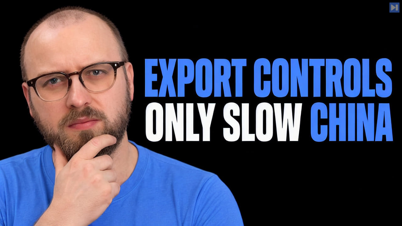 Jon Y in an attention-blue shirt on a black background beside the headline ‘EXPORT CONTROLS ONLY SLOW CHINA’.