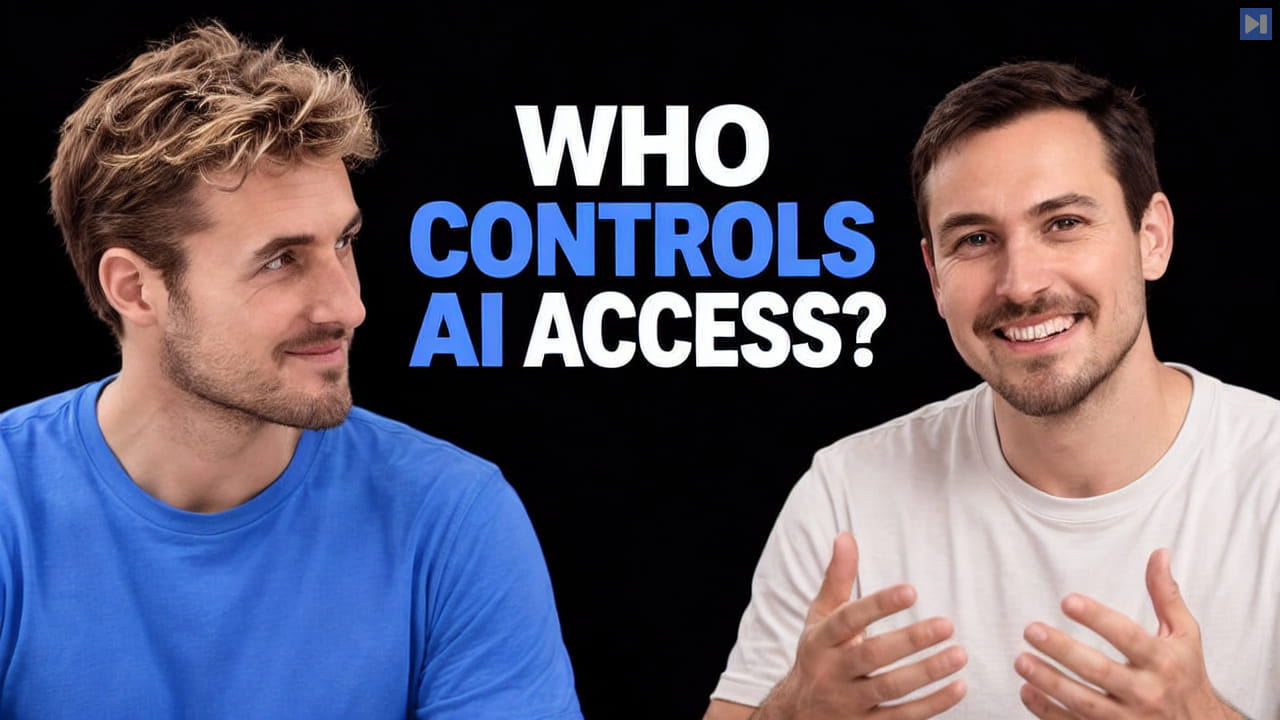 Pierce Freeman and Richard Diehl Martinez in blue and white tops against black, alongside the blue and white headline "WHO CONTROLS AI ACCESS?".