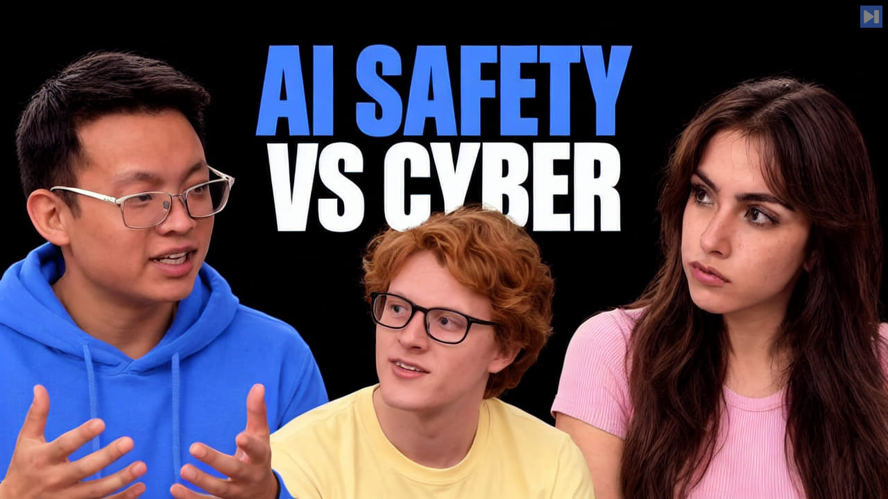 Brian Chau, Theo Jaffee, Sofia Puccini against a black background with the blue and white headline “AI SAFETY VS CYBER”.