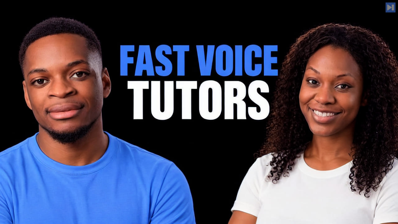 Portraits of Joel Allou and Ornella Bahidika beside the blue-and-white headline "FAST VOICE TUTORS" on a black background.