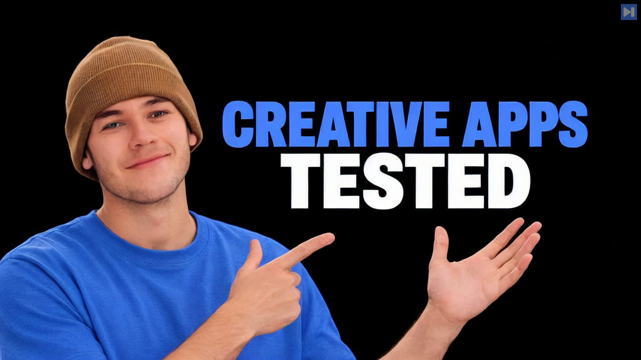 Felix Umland gestures beside the blue and white headline Creative Apps Tested on a black background.