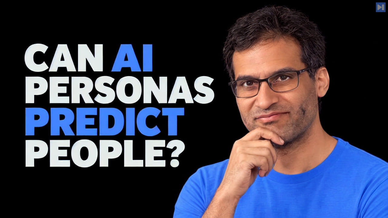 Ishan Anand in a blue shirt beside the headline “CAN AI PERSONAS PREDICT PEOPLE?” on a black background.