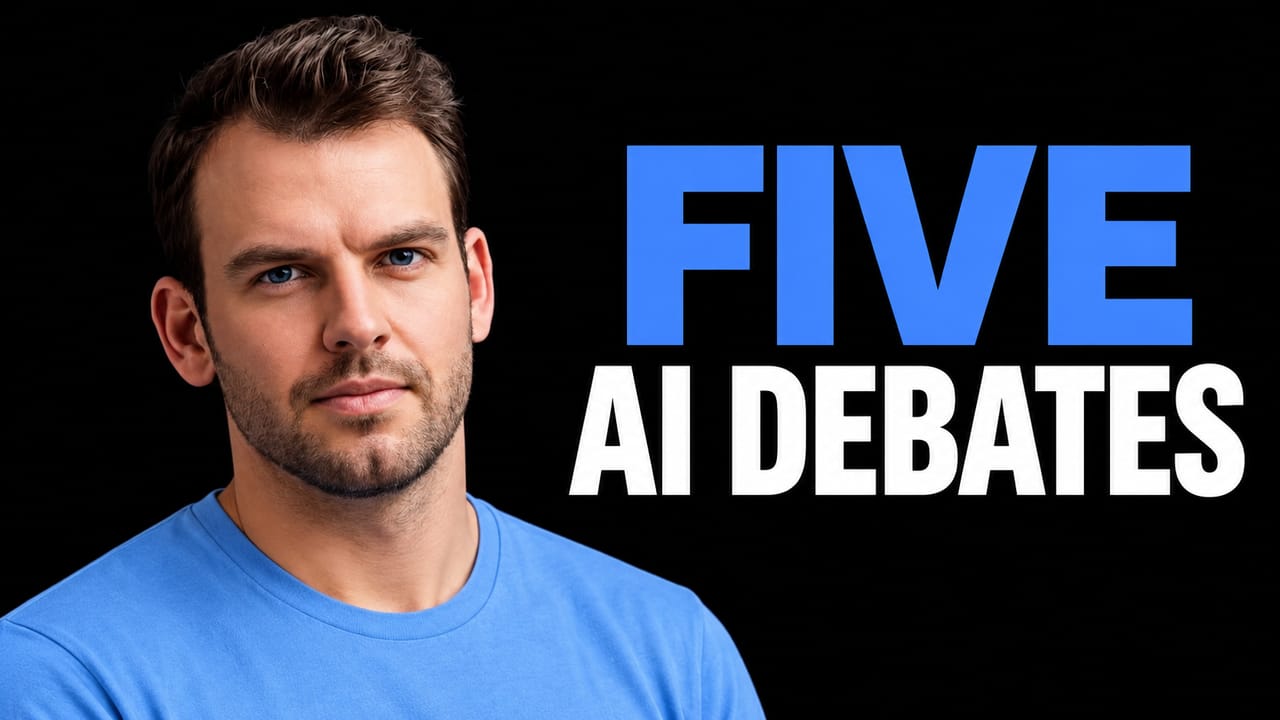 Portrait of Nathaniel Whittemore on a black background with the blue and white headline "FIVE AI DEBATES".