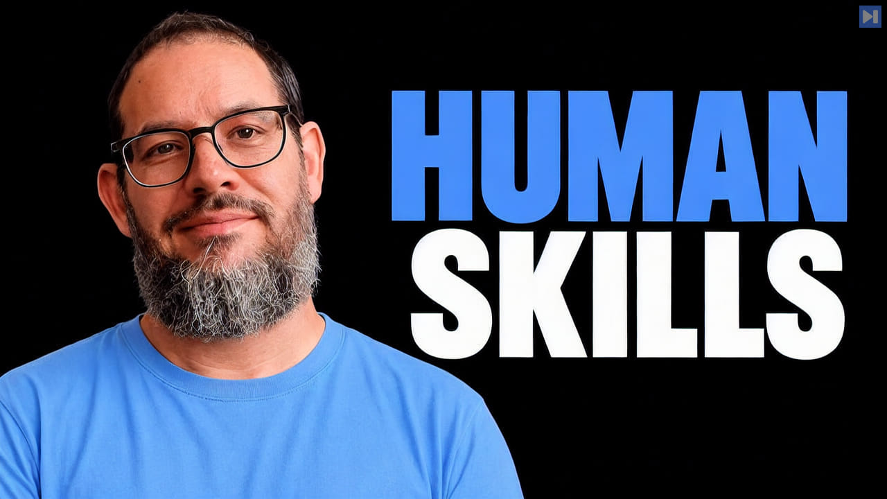 Portraits of Nate B Jones against black with the headline HUMAN SKILLS in attention blue and white.