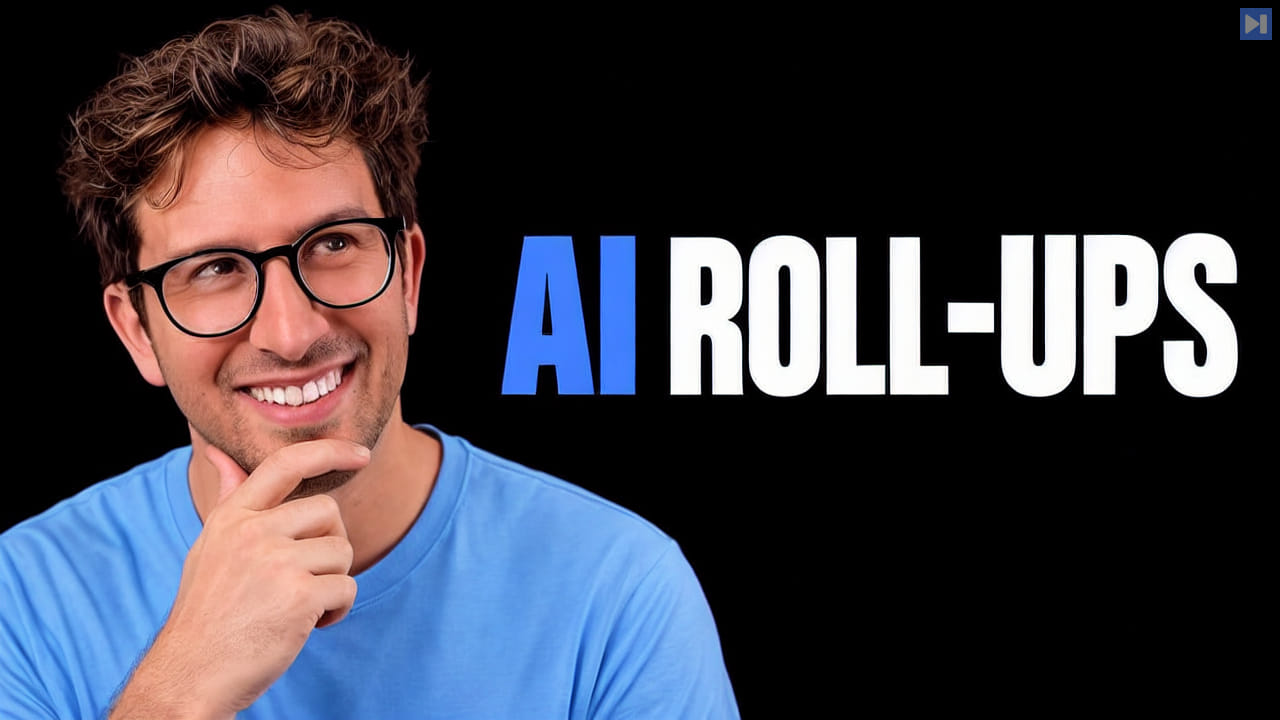 Greg Isenberg in blue with one hand at his chin beside the blue and white headline “AI ROLL-UPS” on black.