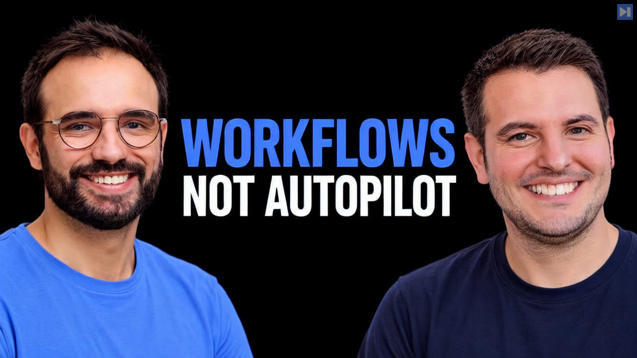 Portraits of Eduardo Simón Picón, Javier Casal Ruiz on a black background with the blue and white headline "WORKFLOWS NOT AUTOPILOT".
