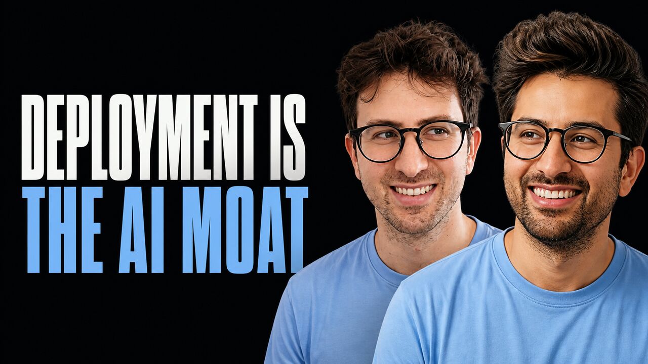 Portraits of Greg Isenberg and Vasuman Moza beside the words Deployment Is the AI Moat