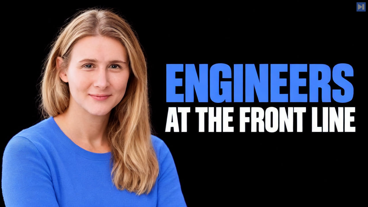 Natalie Meurer in a blue top on the left beside the blue and white headline “ENGINEERS AT THE FRONT LINE” on black.