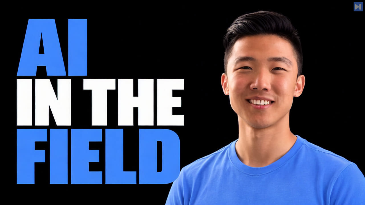Jia Wu in a plain blue T-shirt beside the headline AI in the Field on a pure black background.
