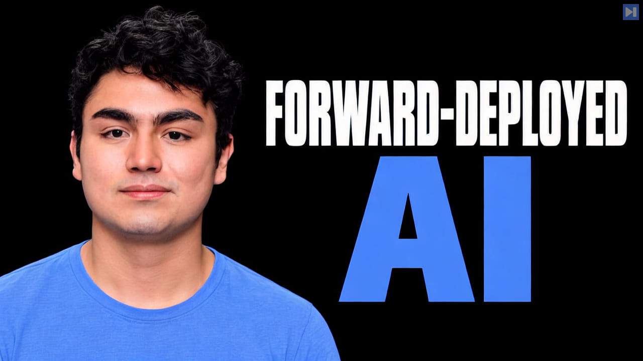 Eno Reyes in a plain blue T-shirt beside the headline Forward-Deployed AI on a pure black background.