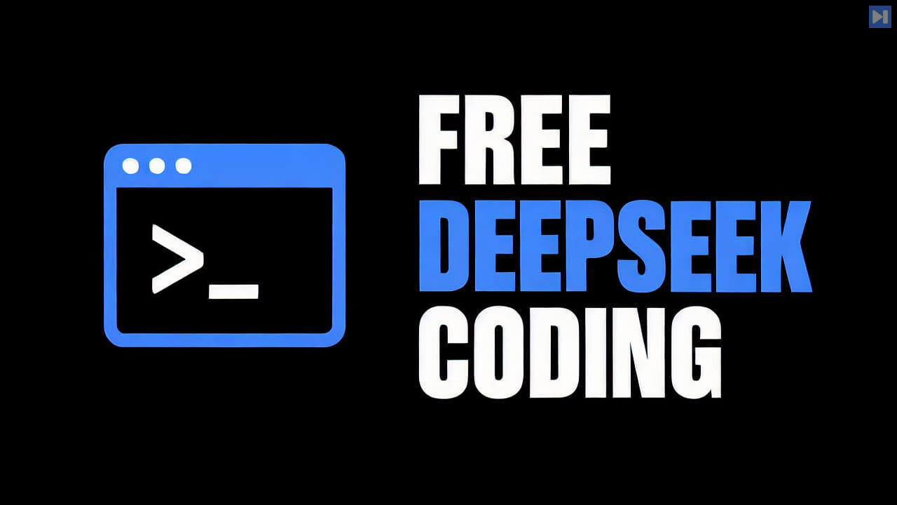 A flat attention-blue terminal window beside the headline Free DeepSeek Coding on a black background.