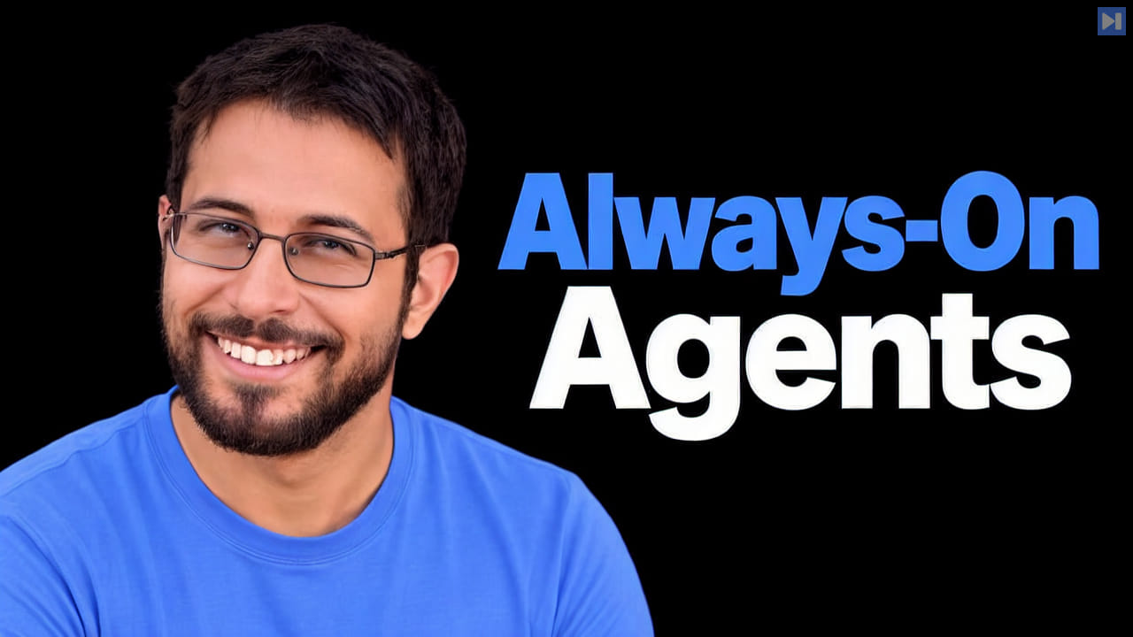Sam Bhagwat wearing glasses and a plain blue T-shirt on black beside the blue and white headline “Always-On Agents”.