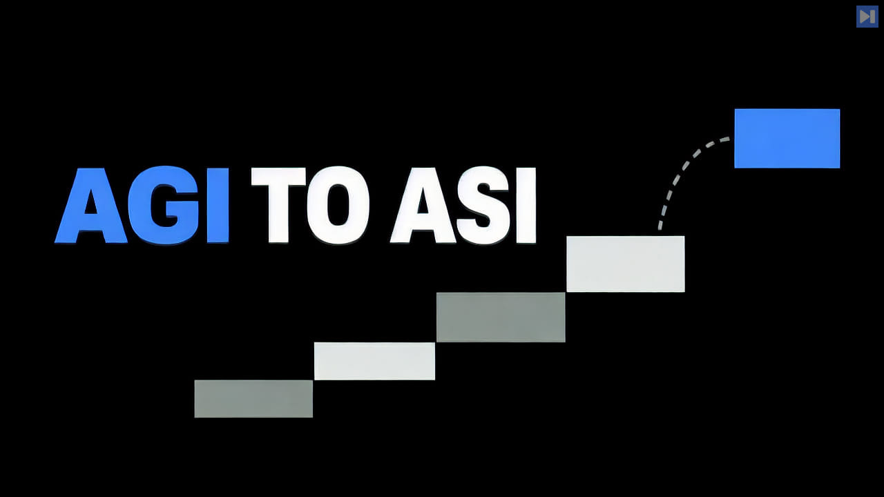 Blue-and-white AGI TO ASI headline beside flat ascending steps with a gap on a black background, with no people.
