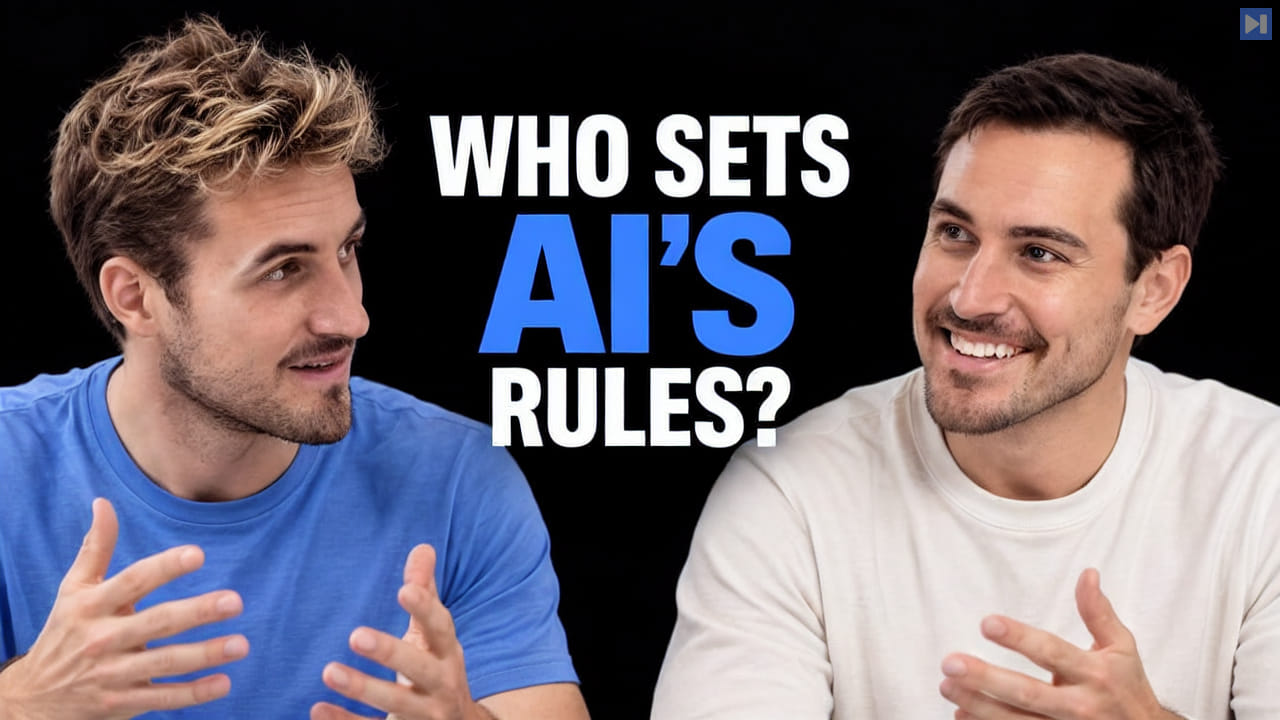 Pierce Freeman and Richard Diehl Martinez in blue and white tops against black, alongside the blue and white headline "WHO SETS AI'S RULES?".