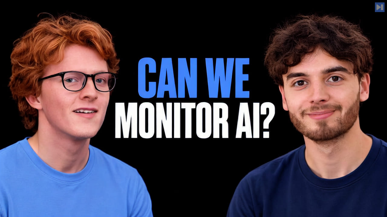 Theo Jaffee in blue and Reilly Haskins in navy flank the blue and white headline 'CAN WE MONITOR AI?' on black.