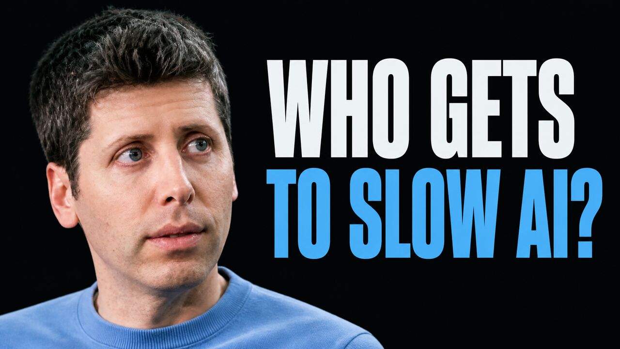 Portrait of Sam Altman beside the words Who Gets to Slow AI