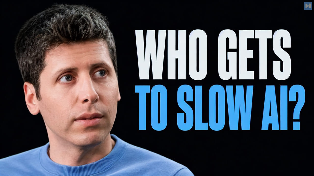 Portrait of Sam Altman beside the words Who Gets to Slow AI