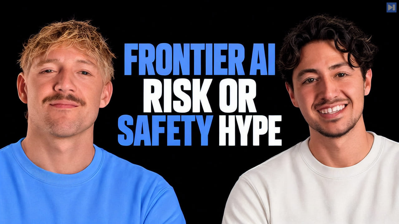 Jack Roberts and Nick Saraev beside the headline FRONTIER AI RISK OR SAFETY HYPE on a pure black background.