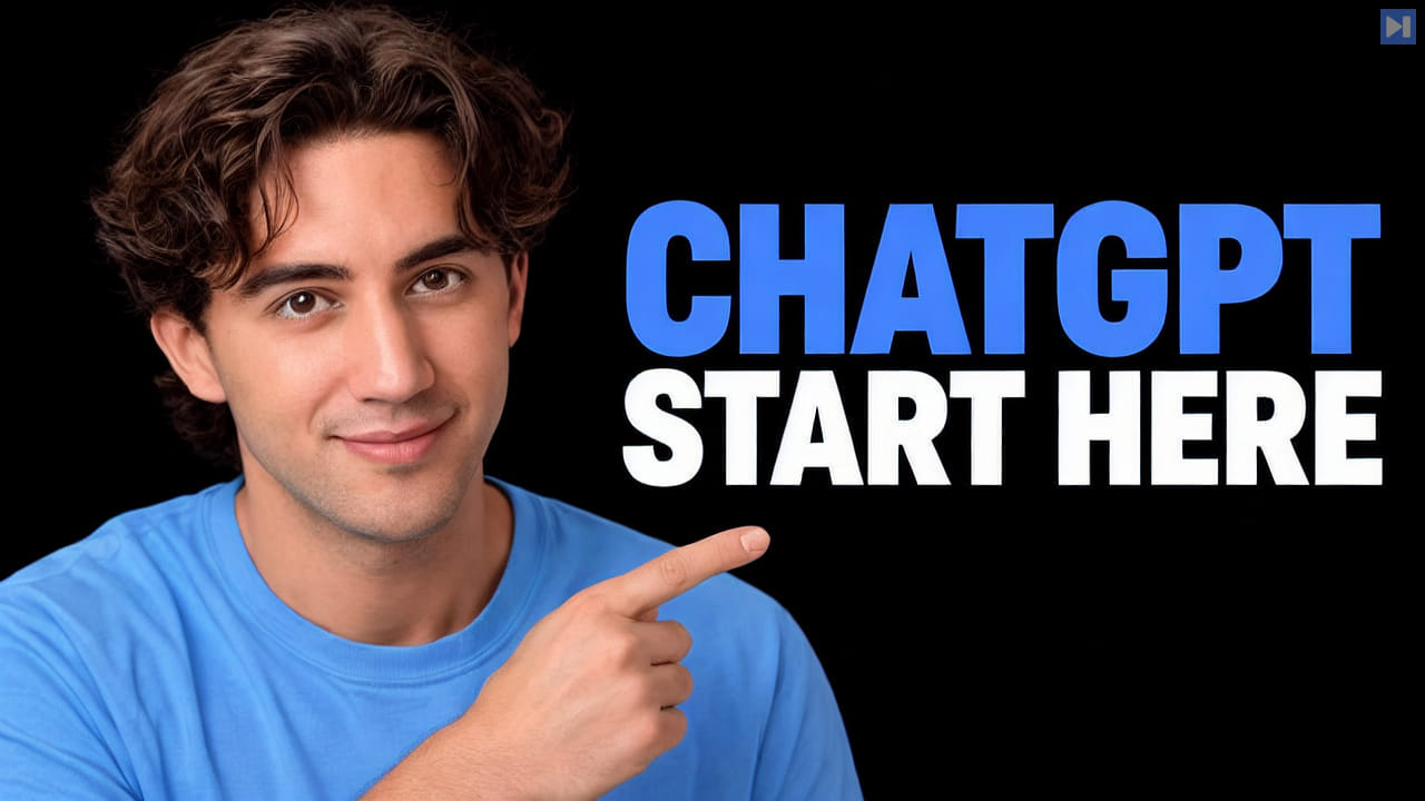 Drake Surach in blue points toward the blue-and-white headline “CHATGPT START HERE” on black.