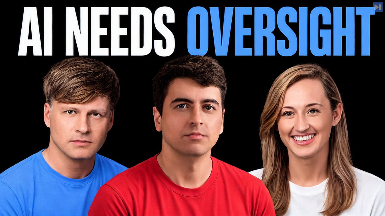 Two men and a smiling woman in blue, red and white tops beneath the headline AI NEEDS OVERSIGHT.