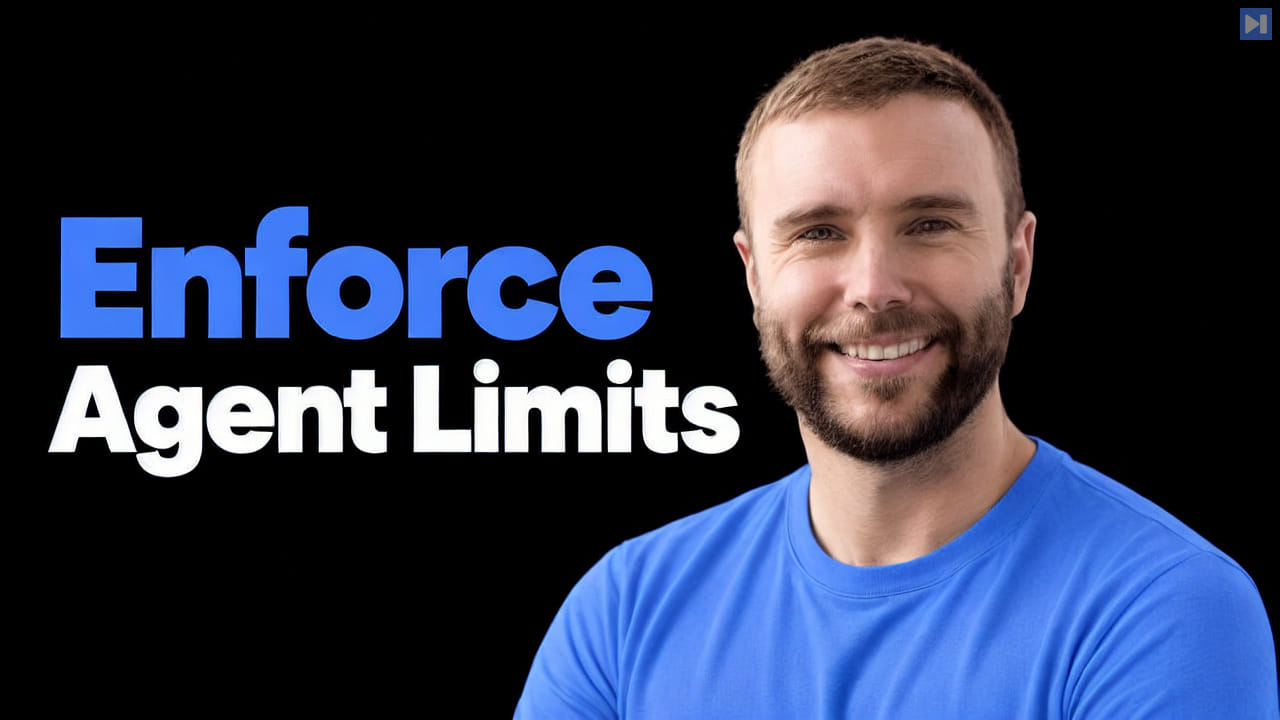 Sam Prodger in a blue top against black beside the blue-and-white headline “Enforce Agent Limits”.