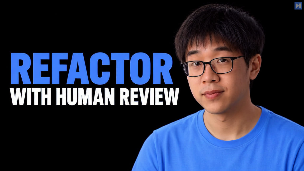 Erik Chen in glasses and a blue top at right beside the blue and white headline "REFACTOR WITH HUMAN REVIEW" on black.