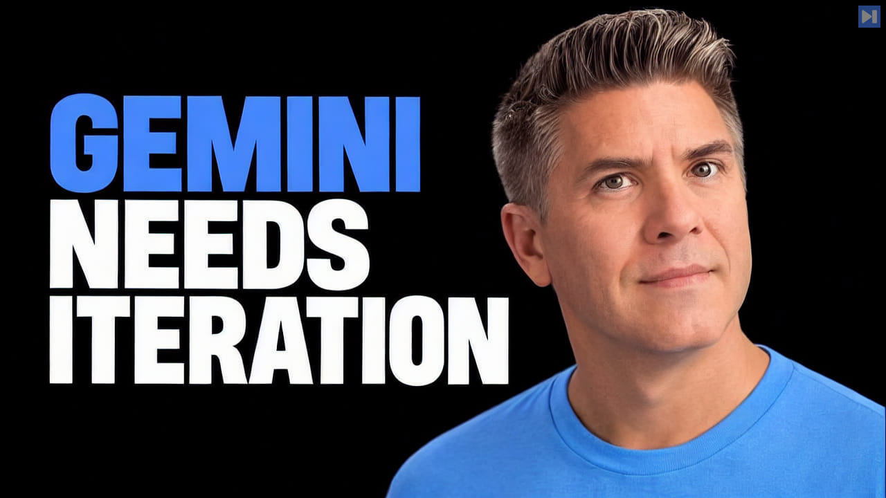 Tim Simmons in a blue top beside the blue-and-white headline “GEMINI NEEDS ITERATION” against a black background.