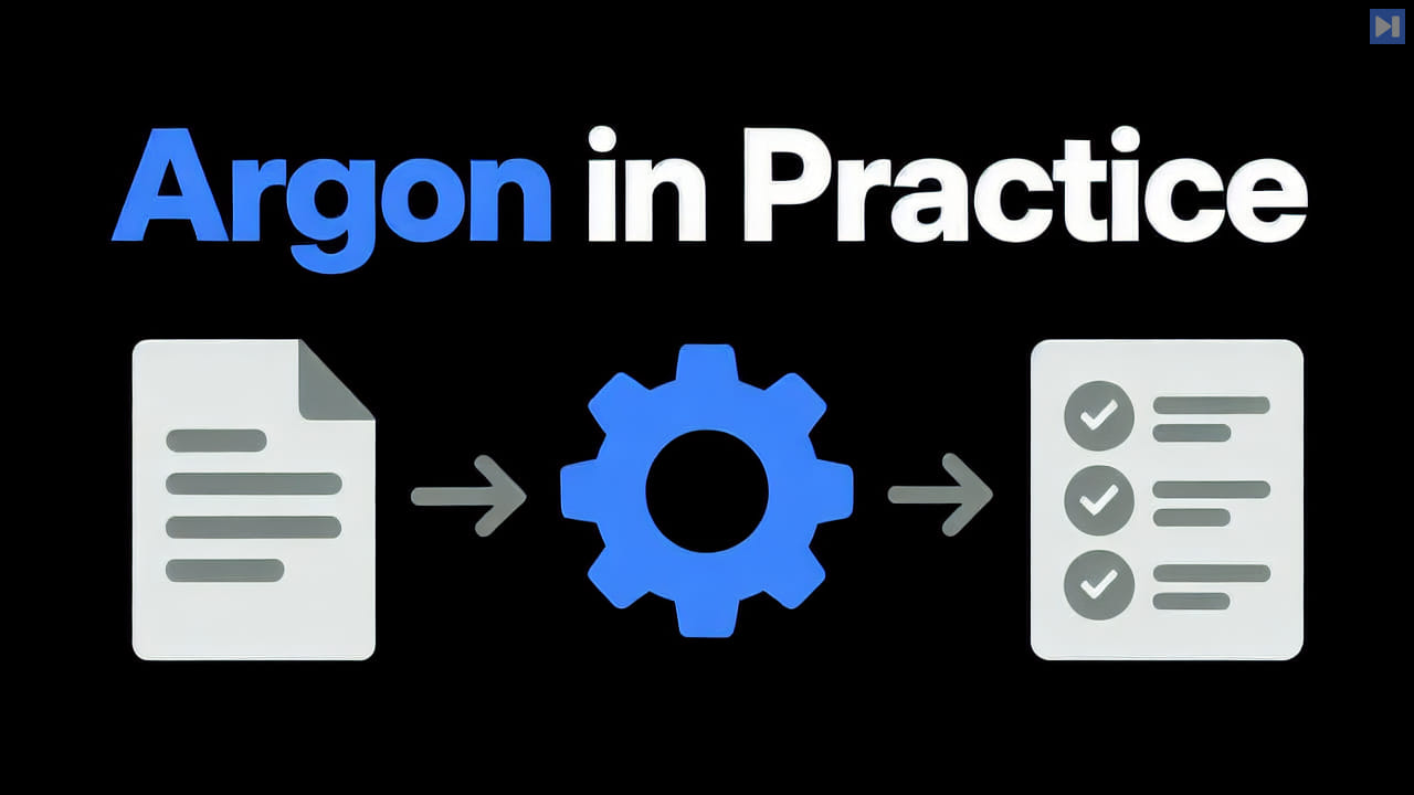 A flat document, blue gear and checklist connected by arrows on black beneath the blue and white headline “Argon in Practice”.