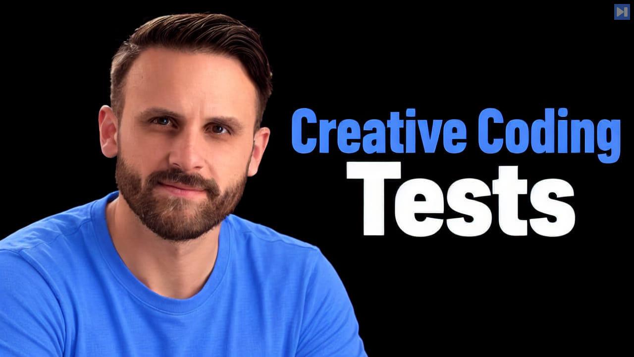 Pat Simmons on black beside the blue and white headline Creative Coding Tests.