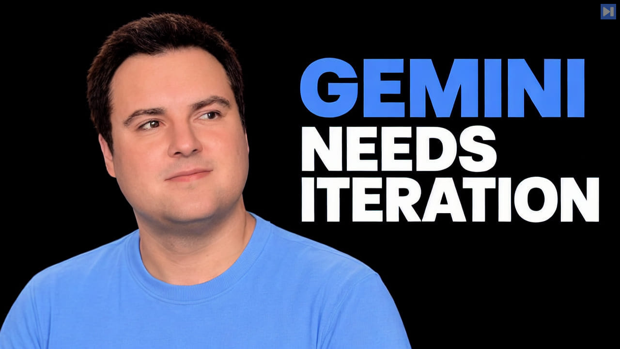 Bijan Bowen in a plain blue top against black, beside the blue and white headline “GEMINI NEEDS ITERATION”.