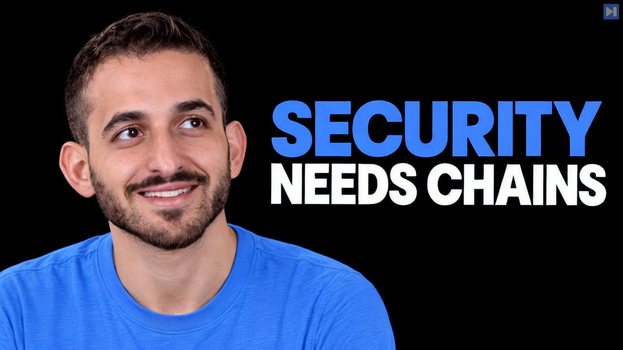 Gal Nagli in plain tops on black beside the blue and white headline “SECURITY NEEDS CHAINS”.