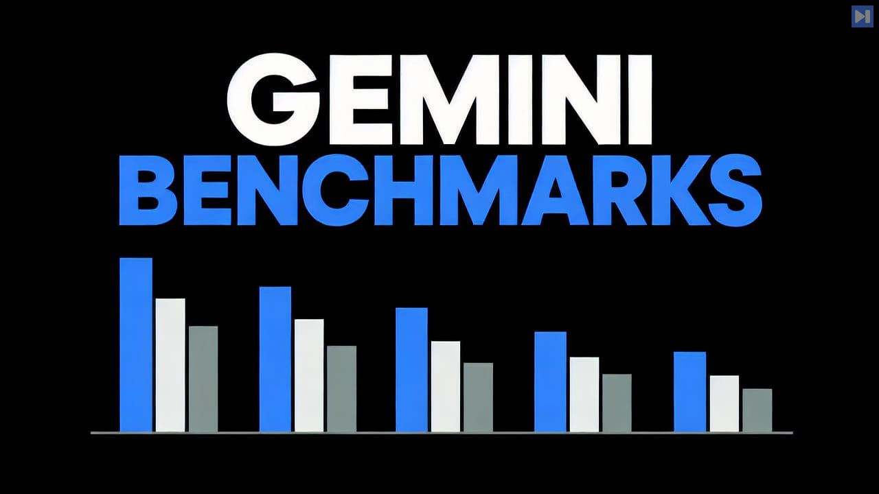 A flat illustration of benchmark bars beside the headline GEMINI BENCHMARKS against black.