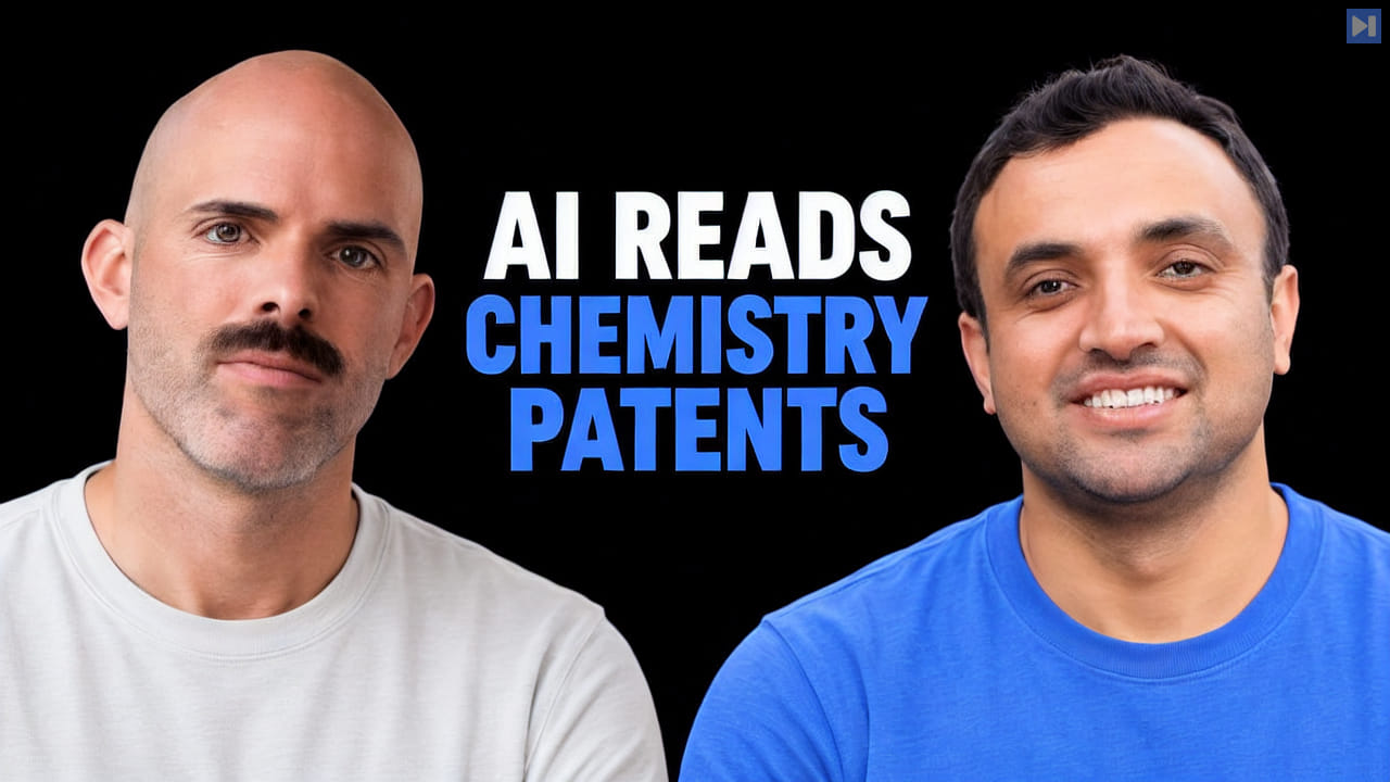 Brian Bender in off-white and Santosh Adhikari in blue flank the blue and white headline AI Reads Chemistry Patents against a black background.